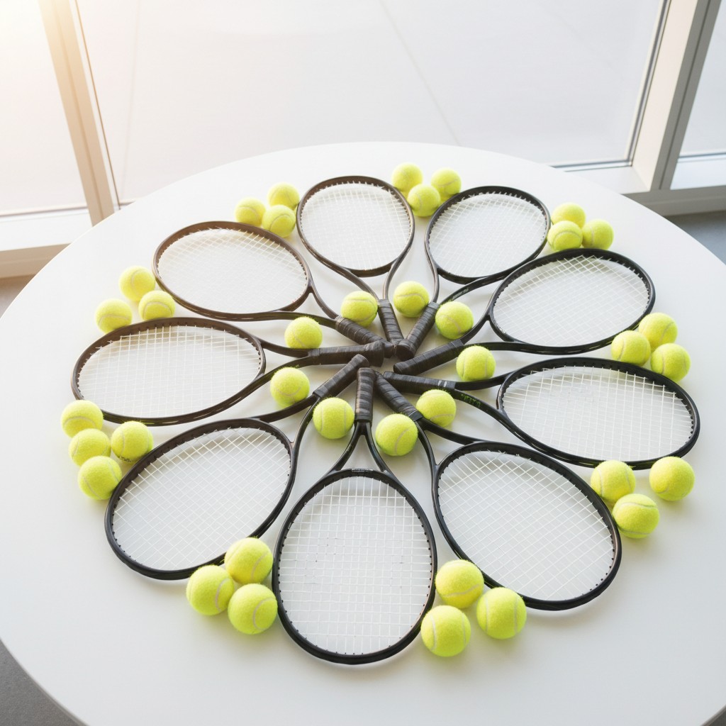 Des raquettes de tennis et des boulons sur une table.